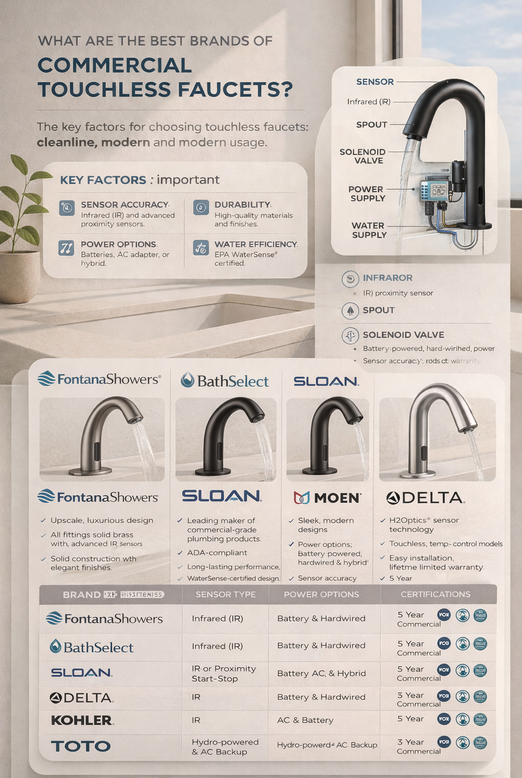 High-traffic commercial restroom with touchless sensor faucets illustrating technical design considerations